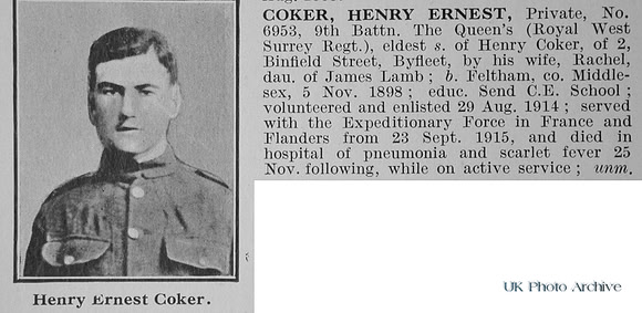 Coker H E Pte 6953 9th Queens Royal West Surrey Regiment Obit