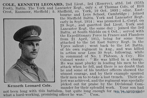 Cole K L 2nd Lt 3rd Attd 1st York And Lancs Regiment Obit