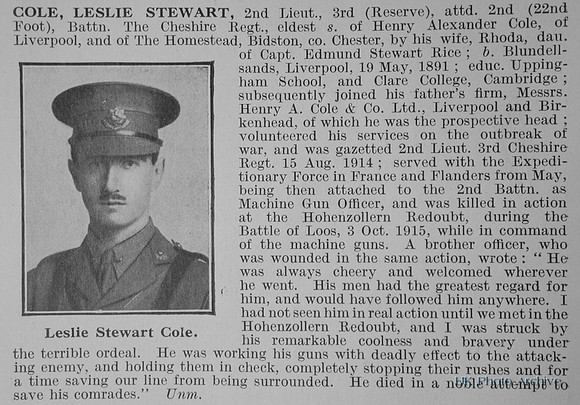 Cole L S 2nd Lt 3rd Attd 2nd Cheshire Regiment Obit