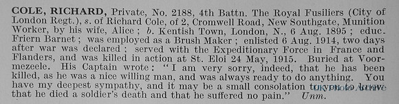 Cole R Pte 2188 4th Royal Fusiliers Obit