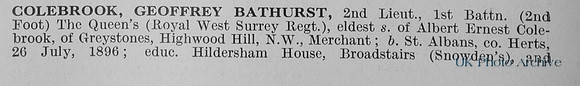 Colebrook G B 2nd Lt 1st Queens Royal West Surrey Regiment Obit Part 1