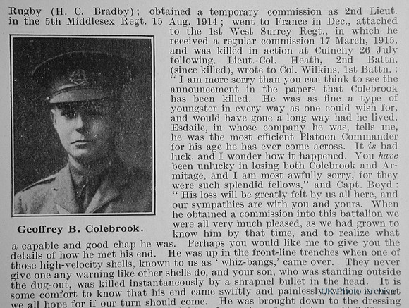 Colebrook G B 2nd Lt 1st Queens Royal West Surrey Regiment Obit Part 2