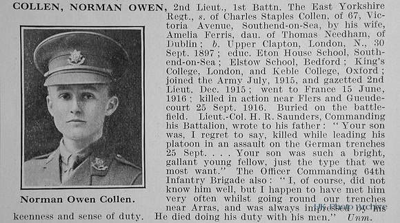 Collen N O 2nd Lt 1st East Yorkshire Regiment Obit