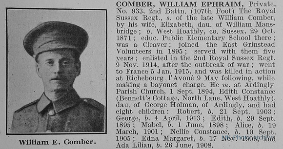 Comber W E Pte 933 2nd Royal Sussex Regiment Obit