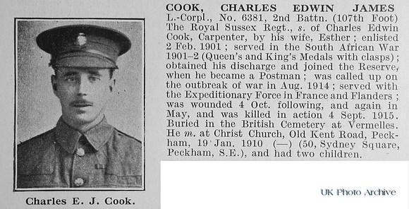 Cook C E J LCpl 6381 2nd Royal Sussex Regiment Obit