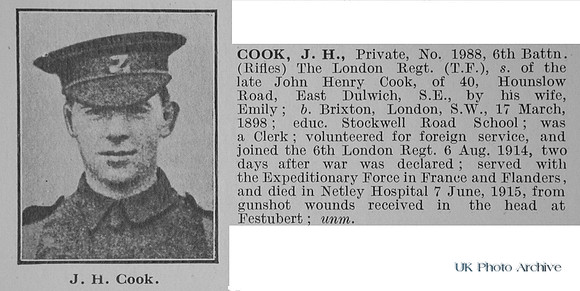 Cook J H Pte 1988 6th London Regiment Obit