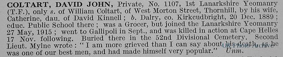 Coltart D J Pte 1107 1st Lanarkshire Yeomanry Obit