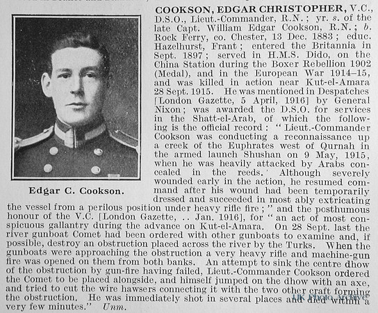 Cookson E C Lt Comm VC DSO Royal Navy Obit