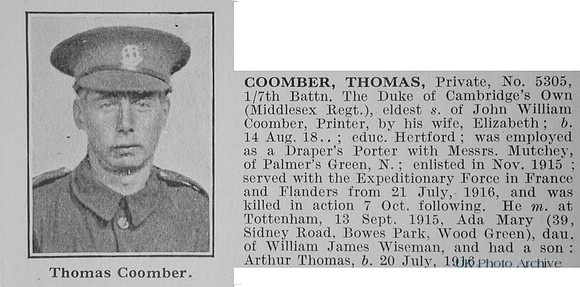 Coomber T Pte 5305 7th Middlesex Regiment Obit
