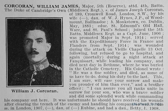 Corcoran W J Major 5th Attd 4th Middlesex Regiment Obit