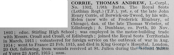 Corrie T A LCpl 1302 9th Royal Scots Obit