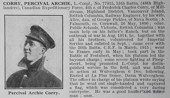 Corry P A LCpl 77915 15th Canadian Expeditionary Force Obit