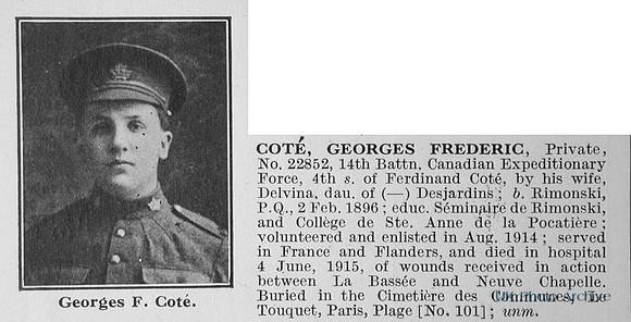 Cote G F Pte 22852 14th Canadian Expeditionary Force Obit