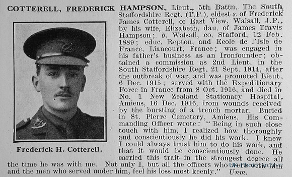 Cotterell F H Lt 5th South Staffs Regiment Obit