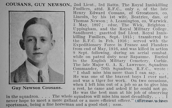 Cousans G N 2nd Lt 3rd Royal Inniskilling Fusiliers Attd Royal Flying Corps Obit