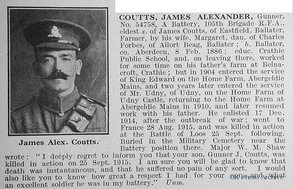 Coutts J A Gnr 54758 Royal Field Artillery Obit