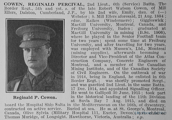 Cowen R P 2nd Lt 6th Border Regiment Obit