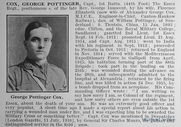 Cox G P Captain 1st Essex Regiment Obit