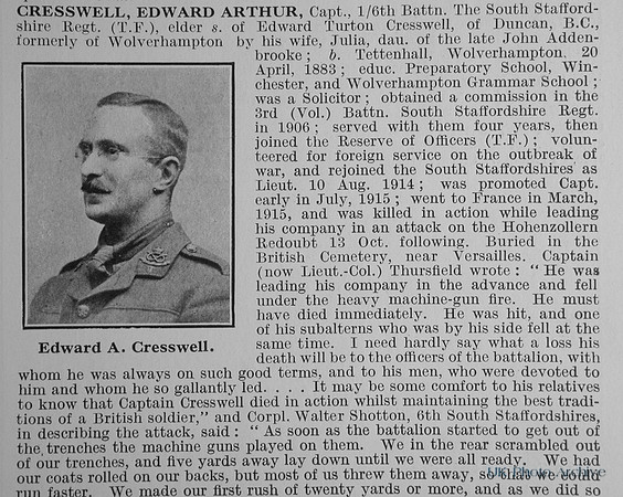 Cresswell E A Captain 6th South Staffs Regiment Obit Part 1