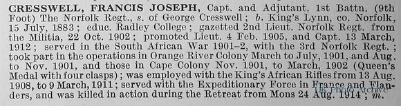 Cresswell F J Captain 1st Norfolk Regiment Obit
