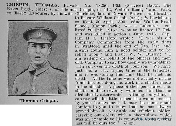 Crispin T Pte 18250 13th Essex Regiment Obit