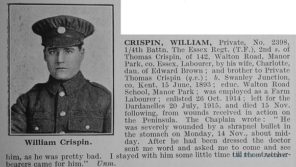 Crispin W Pte 2398 4th Essex Regiment Obit