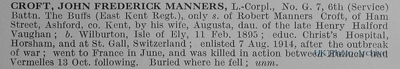 Croft J F M LCpl G7 6th East Kent Regiment Obit