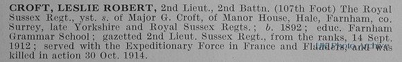 Croft L R 2nd Lt 2nd Royal Sussex Regiment Obit