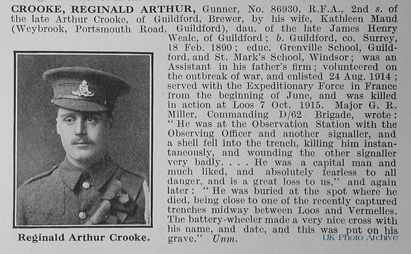 Crooke R A Gnr 86930 Royal Field Artillery Obit