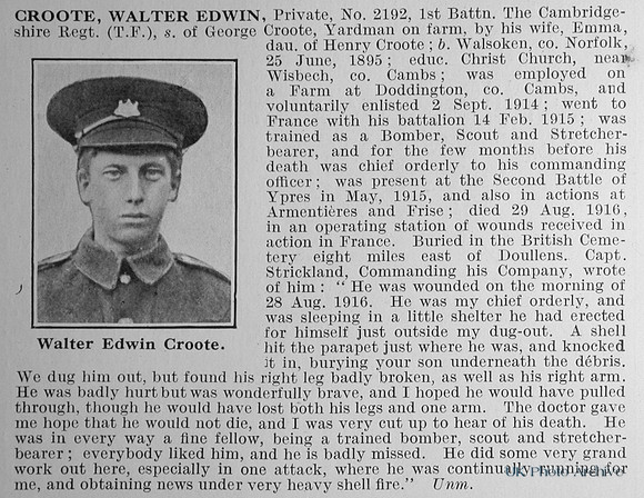 Croote W E Pte 2192 1st Cambridgeshire Regiment Obit