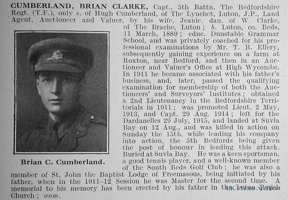 Cumberland B C Captain 5th Bedfordshire Regiment Obit