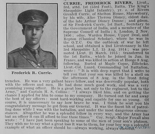 Currie F R Lt 3rd Attd 1st Kings Shropshire Light Infantry Obit