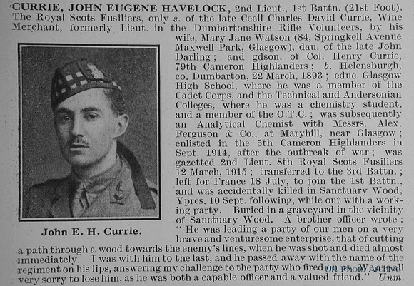 Currie J E H 2nd Lt 1st Royal Scots Fusiliers Obit