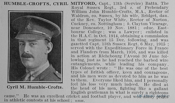 Humble-Crofts C M Captain 13th Royal Sussex Regiment Obit