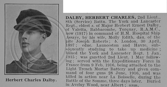 Dalby H C 2nd Lt 8th York And Lancs Regiment Obit