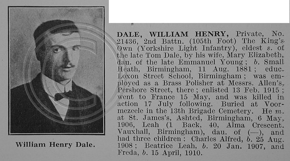 Dale W H Pte 21436 2nd Kings Own Yorkshire Light Infantry Obit