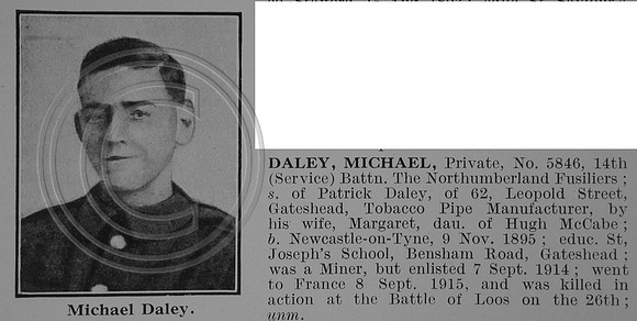 Daley M Pte 5846 14th Northumberland Fusiliers Obit