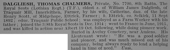 Dalgliesh T C Pte 7700 8th Royal Scots Obit