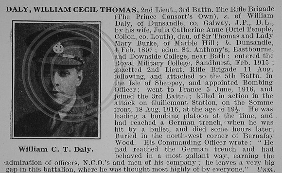 Daly W C T 2nd Lt 3rd Rifle Brigade Obit