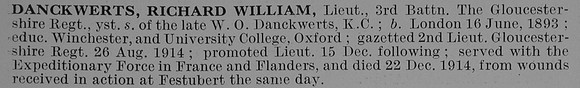 Danckwerts R W Lt 3rd Gloucestershire Regiment Obit