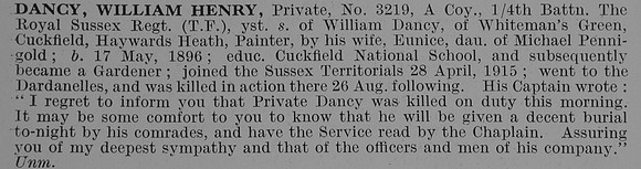 Dancy W H Pte 3219 4th Royal Sussex Regiment Obit