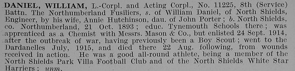Daniel W L/Cpl 11225 8th Northumberland Fusiliers Obit