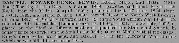 Daniell E H E Major DSO 2nd Royal Irish Regiment Obit