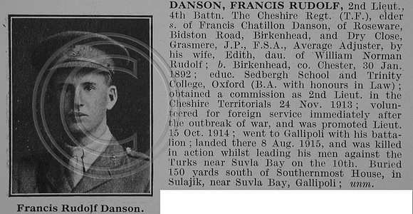 Danson F R 2nd Lt 4th Cheshire Regiment Obit