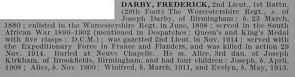 Darby F 2nd Lt 1st Worcestershire Regiment Obit