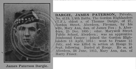 Dargie J P Pte 4119 4th Gordon Highlanders Obit