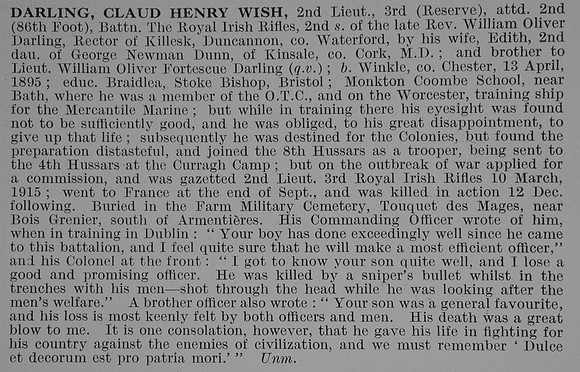 Darling C H W 2nd Lt 2nd Royal Irish Rifles Obit