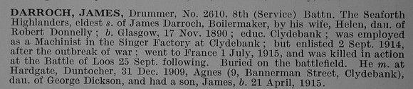Darroch J Drummer 2610 8th Seaforth Highlanders Obit