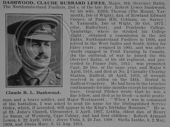 Dashwood C B L Major 9th Northumberland Fusiliers Obit