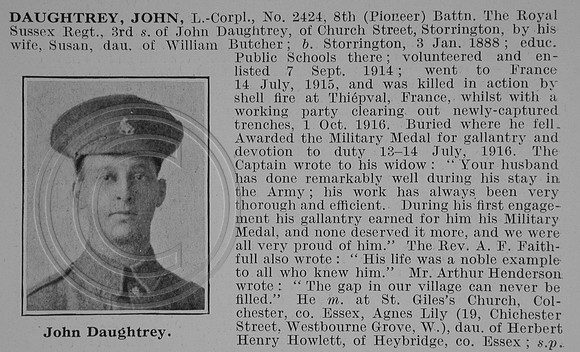 Daughtrey J L/Cpl 2824 8th Royal Sussex Regiment Obit